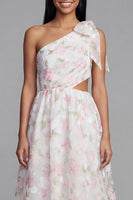 Laden Sie das Bild in den Galerie-Viewer, Ein Schulter Weißes Rosa Chiffon Hochzeitsgast Kleid in A-Linie mit Schleife