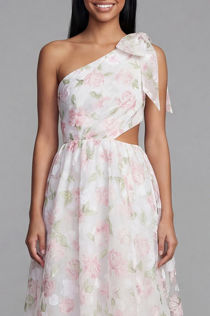 Laden Sie das Bild in den Galerie-Viewer, Ein Schulter Weißes Rosa Chiffon Hochzeitsgast Kleid in A-Linie mit Schleife
