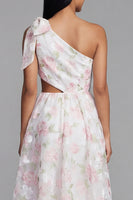 Laden Sie das Bild in den Galerie-Viewer, Ein Schulter Weißes Rosa Chiffon Hochzeitsgast Kleid in A-Linie mit Schleife