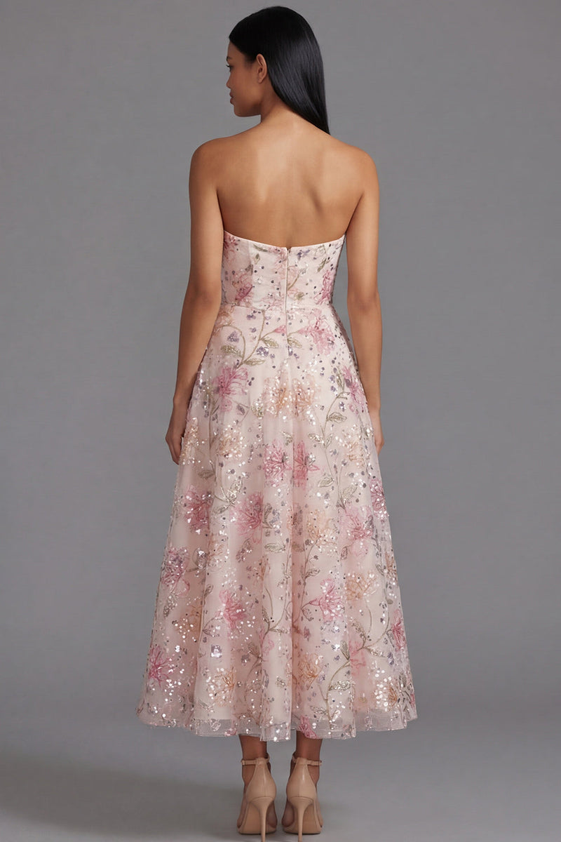 Laden Sie das Bild in den Galerie-Viewer, Chiffon Rosa Trägerloses Langes Blumenkleid mit Stickerei