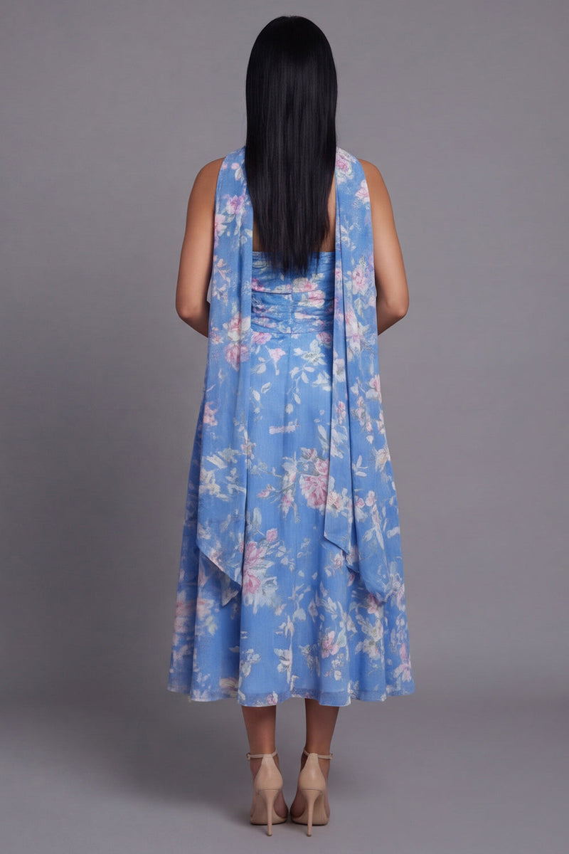 Laden Sie das Bild in den Galerie-Viewer, Trägerloses Chiffon-Blau gemustertes Midi-Hochzeitskleid mit Halsschal und Halsschal