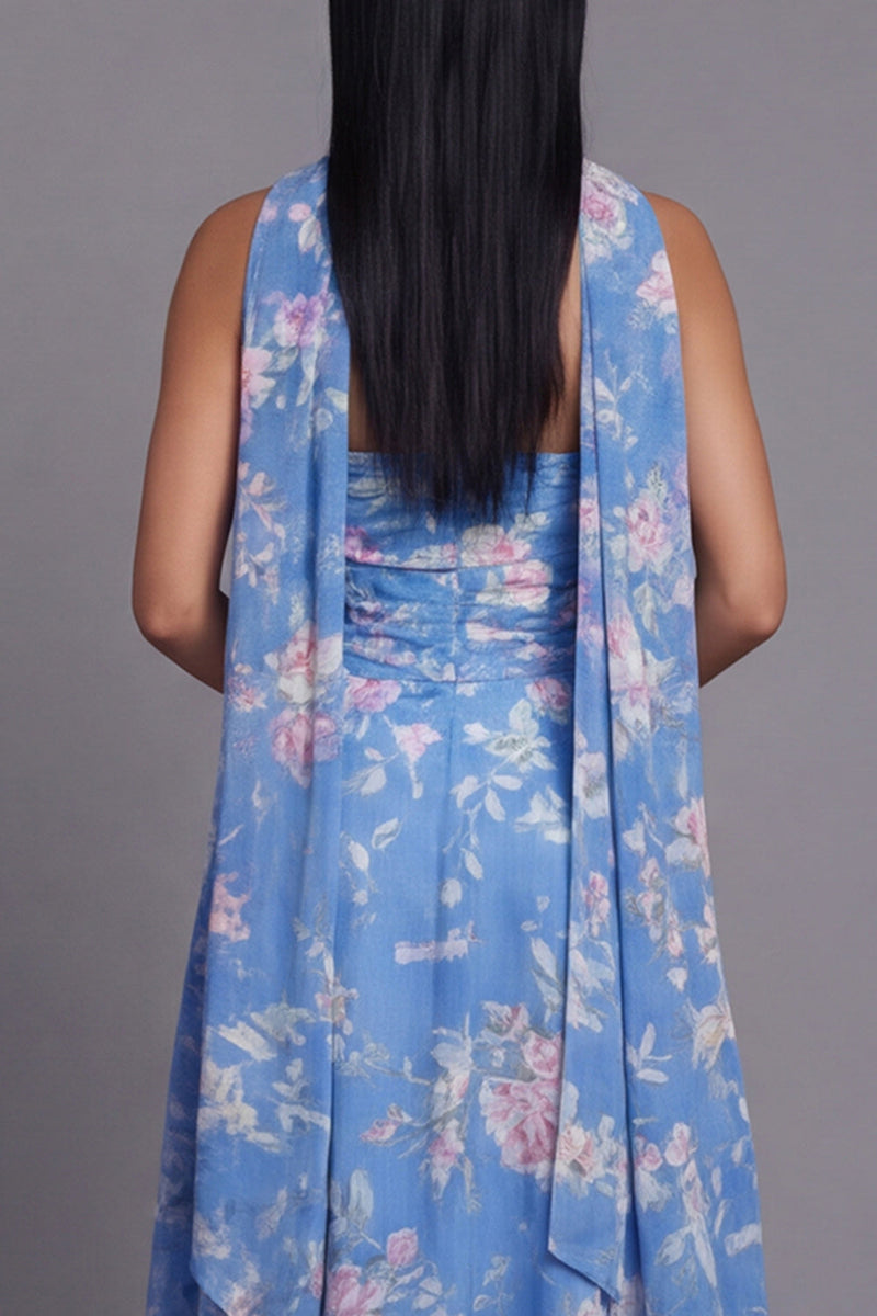 Laden Sie das Bild in den Galerie-Viewer, Trägerloses Chiffon-Blau gemustertes Midi-Hochzeitskleid mit Halsschal und Halsschal