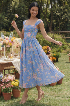 Quadrathals-Chiffon-Blau, geraffte, floralbedruckte Midi-Hochzeitskleider