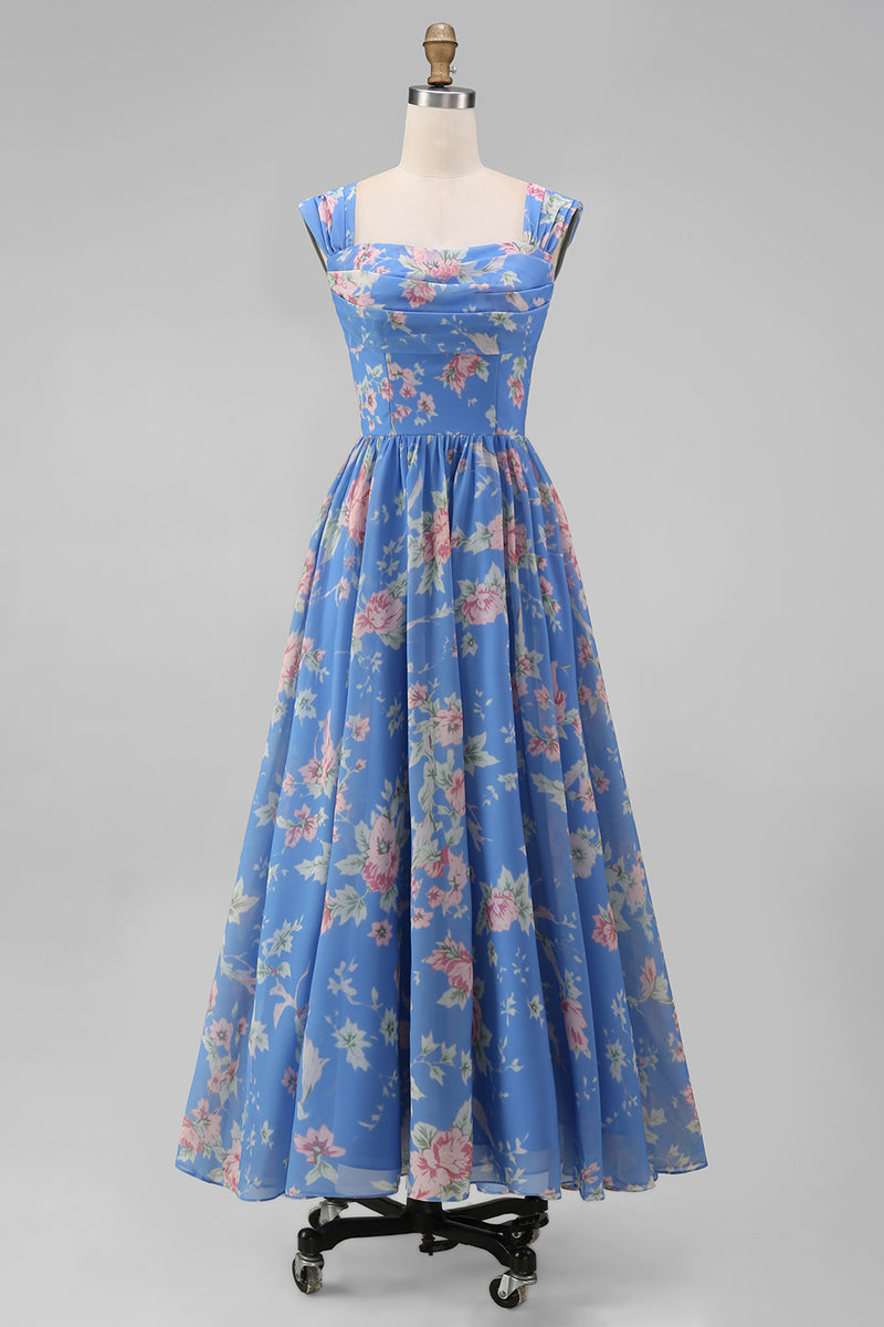 Laden Sie das Bild in den Galerie-Viewer, Quadrathals Chiffon Blaues Gerafftes Floralbedruckte Midi-Hochzeitskleider