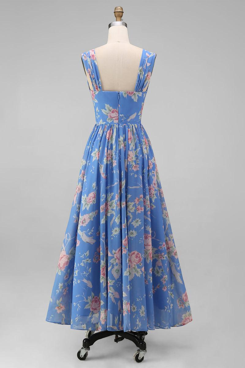 Laden Sie das Bild in den Galerie-Viewer, Quadrathals Chiffon Blaues Gerafftes Floralbedruckte Midi-Hochzeitskleider