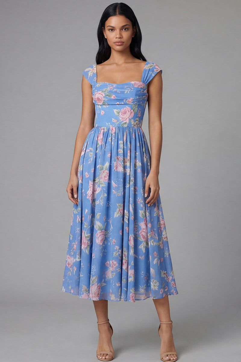 Laden Sie das Bild in den Galerie-Viewer, Quadrathals-Chiffon-Blau, geraffte, floralbedruckte Midi-Hochzeitskleider