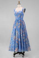 Laden Sie das Bild in den Galerie-Viewer, Quadrathals Chiffon Blaues Gerafftes Floralbedruckte Midi-Hochzeitskleider