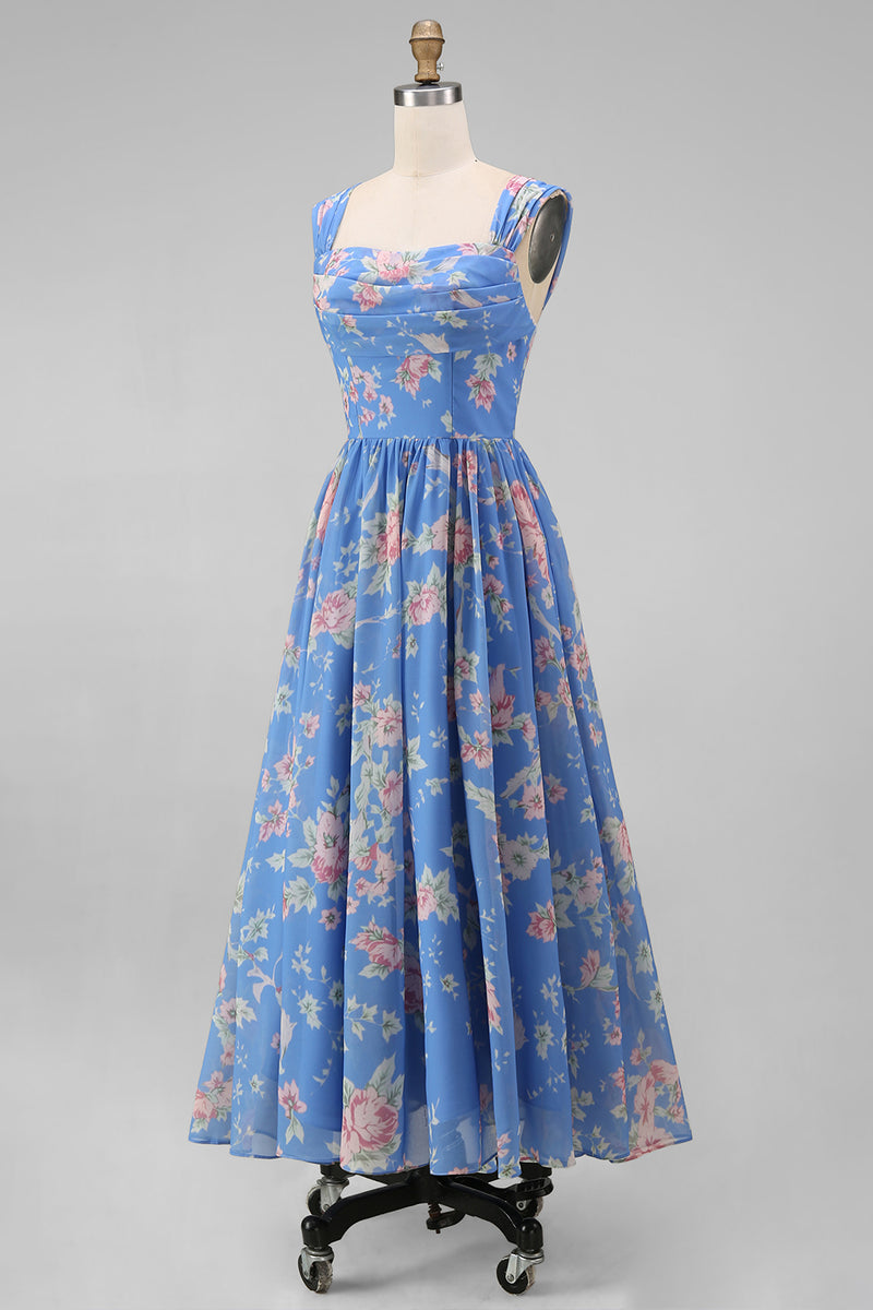 Laden Sie das Bild in den Galerie-Viewer, Quadrathals Chiffon Blaues Gerafftes Floralbedruckte Midi-Hochzeitskleider