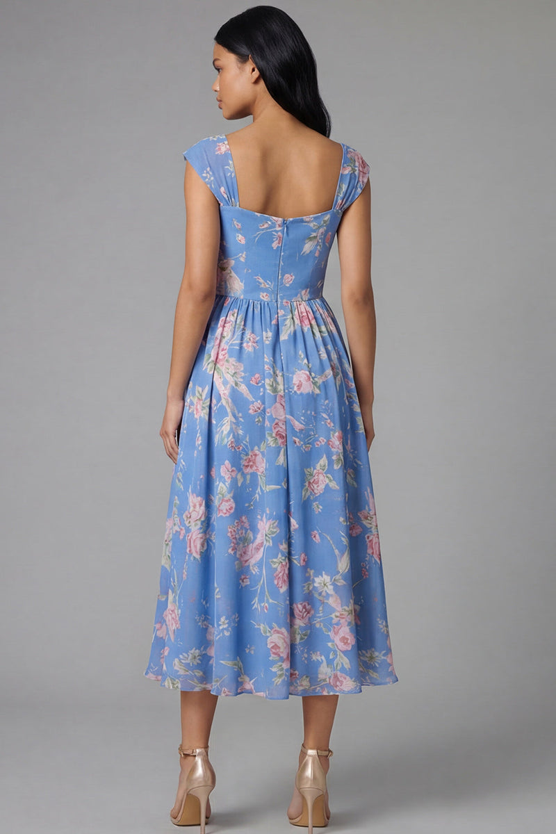 Laden Sie das Bild in den Galerie-Viewer, Quadrathals-Chiffon-Blau, geraffte, floralbedruckte Midi-Hochzeitskleider