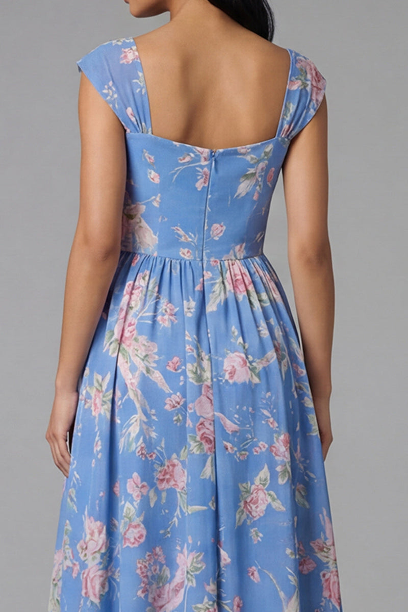 Laden Sie das Bild in den Galerie-Viewer, Quadrathals-Chiffon-Blau, geraffte, floralbedruckte Midi-Hochzeitskleider