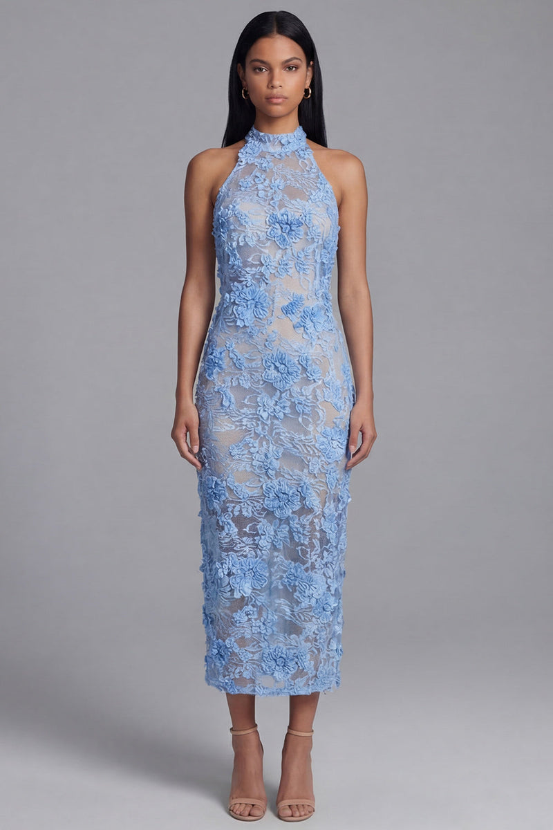 Laden Sie das Bild in den Galerie-Viewer, Blaues Spitzenneckholder-Bodycon-Blumen-Langzeitskleid mit Schlitz