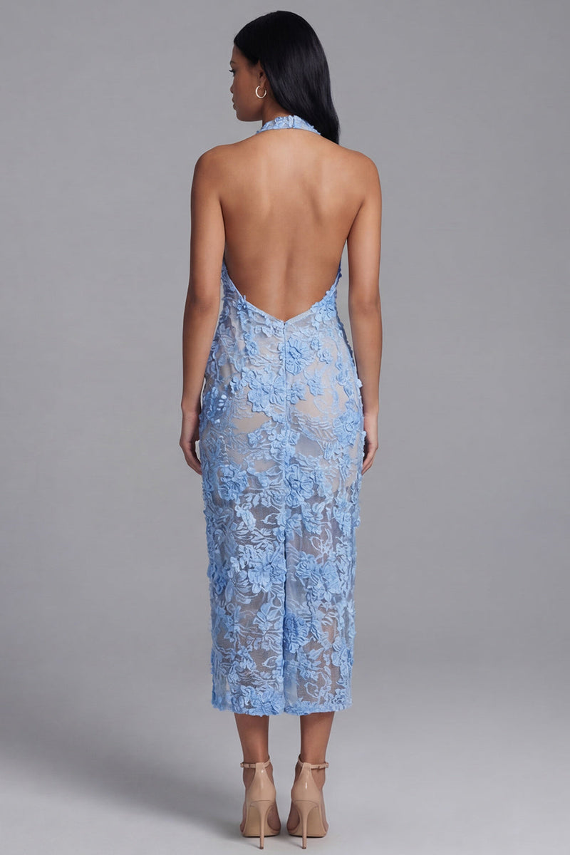 Laden Sie das Bild in den Galerie-Viewer, Blaues Spitzenneckholder-Bodycon-Blumen-Langzeitskleid mit Schlitz