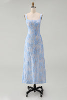 Laden Sie das Bild in den Galerie-Viewer, Blaues Quadrathals Blumen Midi-Kleid mit Applikationen