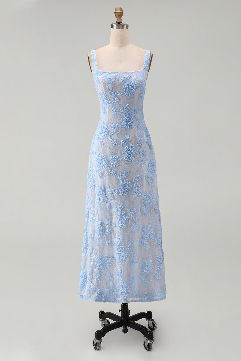 Laden Sie das Bild in den Galerie-Viewer, Blaues Quadrathals Blumen Midi-Kleid mit Applikationen