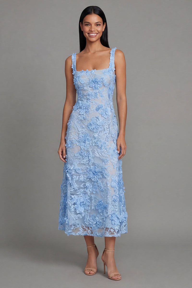 Laden Sie das Bild in den Galerie-Viewer, Blaues Quadrathals Blumen Midi-Kleid mit Applikationen