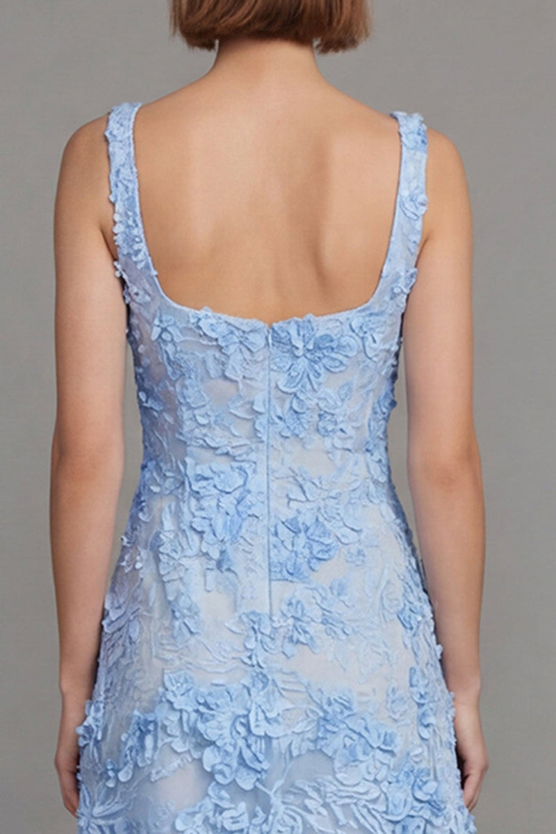 Laden Sie das Bild in den Galerie-Viewer, Blaues Quadrathals Blumen Midi-Kleid mit Applikationen
