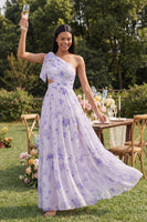 Laden Sie das Bild in den Galerie-Viewer, Einschulter Flieder Tüll Blumenmuster A-Linie Maxikleid mit Schlitz