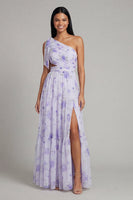 Laden Sie das Bild in den Galerie-Viewer, Einschulter Flieder Tüll Blumenmuster A-Linie Maxikleid mit Schlitz