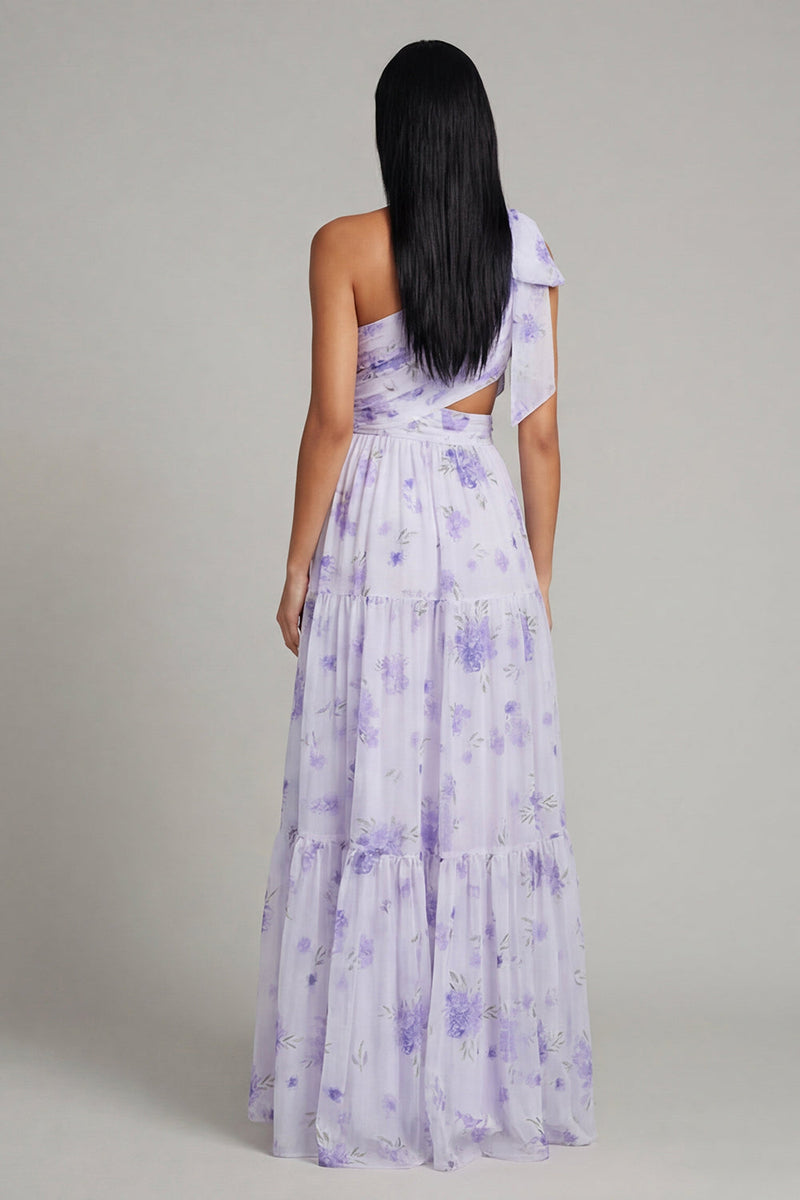 Laden Sie das Bild in den Galerie-Viewer, Einschulter Flieder Tüll Blumenmuster A-Linie Maxikleid mit Schlitz