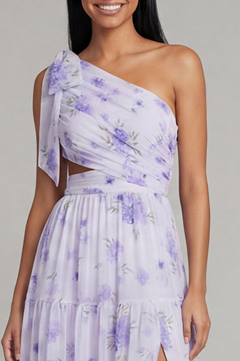 Laden Sie das Bild in den Galerie-Viewer, Einschulter Flieder Tüll Blumenmuster A-Linie Maxikleid mit Schlitz