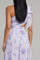 Laden Sie das Bild in den Galerie-Viewer, Einschulter Flieder Tüll Blumenmuster A-Linie Maxikleid mit Schlitz