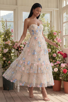 Herzausschnitt Champagner Tüll Applikiertes Blumen A-Linie Midi Kleid