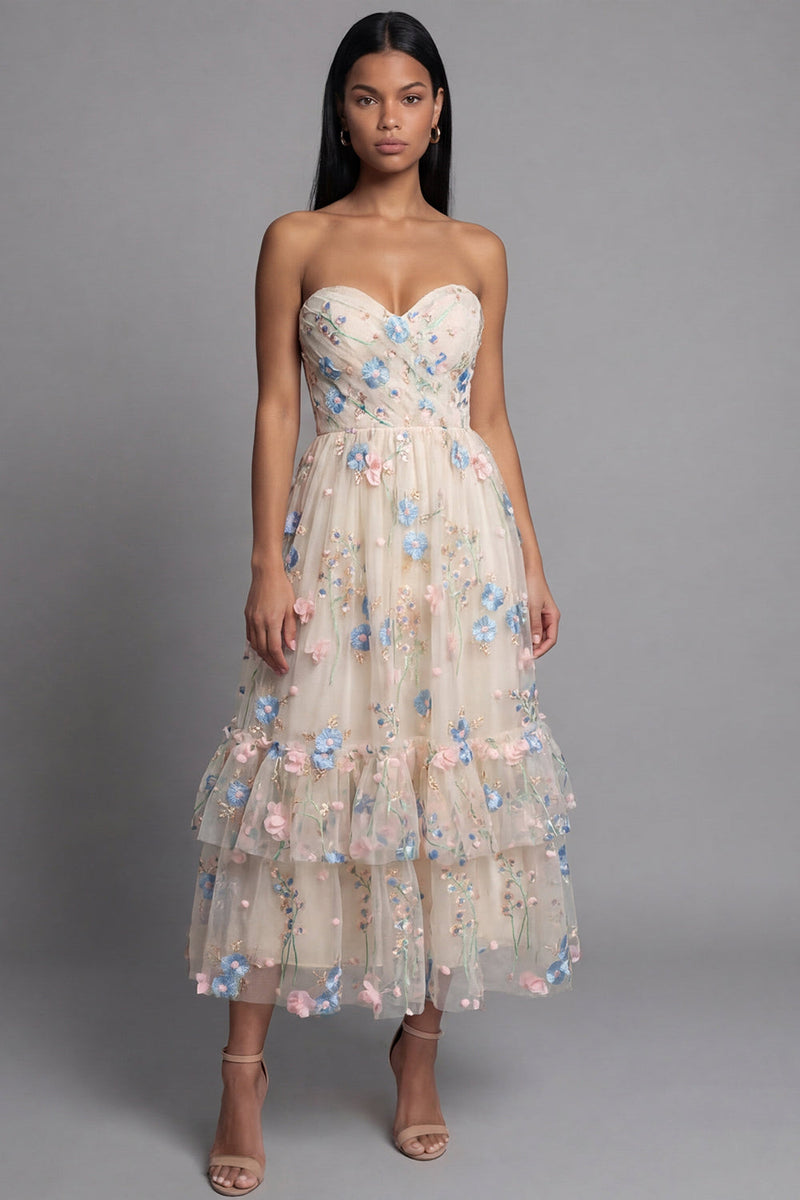 Laden Sie das Bild in den Galerie-Viewer, Herzausschnitt Champagner Tüll Applikiertes Blumen A-Linie Midi Kleid