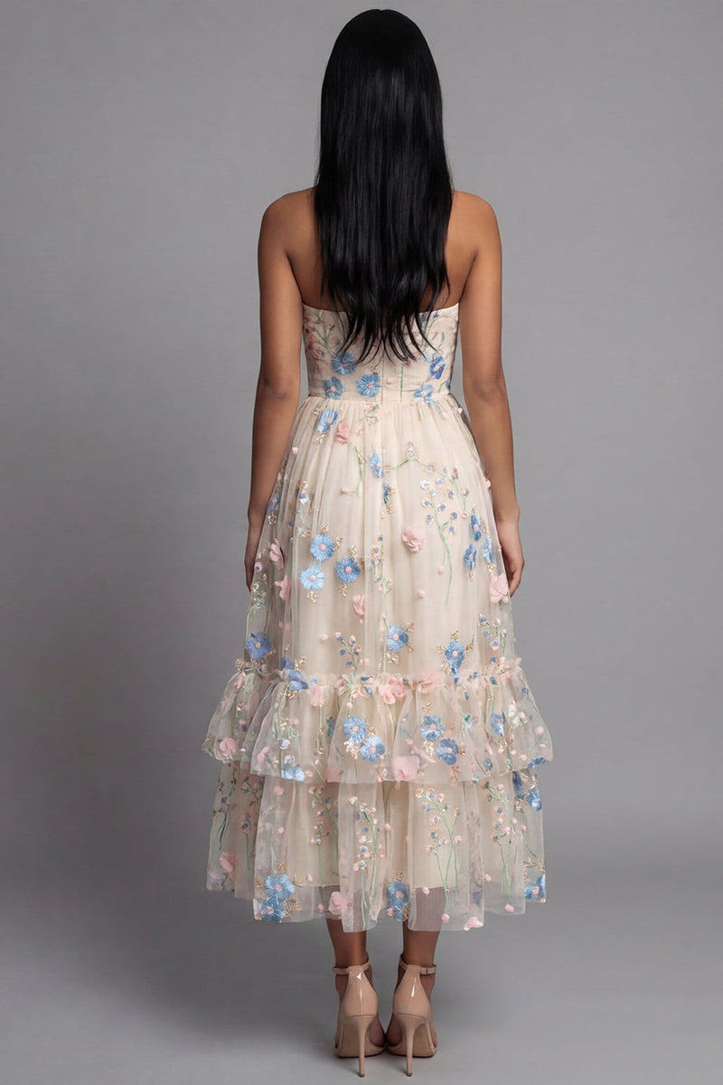 Laden Sie das Bild in den Galerie-Viewer, Herzausschnitt Champagner Tüll Applikiertes Blumen A-Linie Midi Kleid