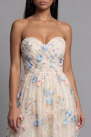 Laden Sie das Bild in den Galerie-Viewer, Herzausschnitt Champagner Tüll Applikiertes Blumen A-Linie Midi Kleid