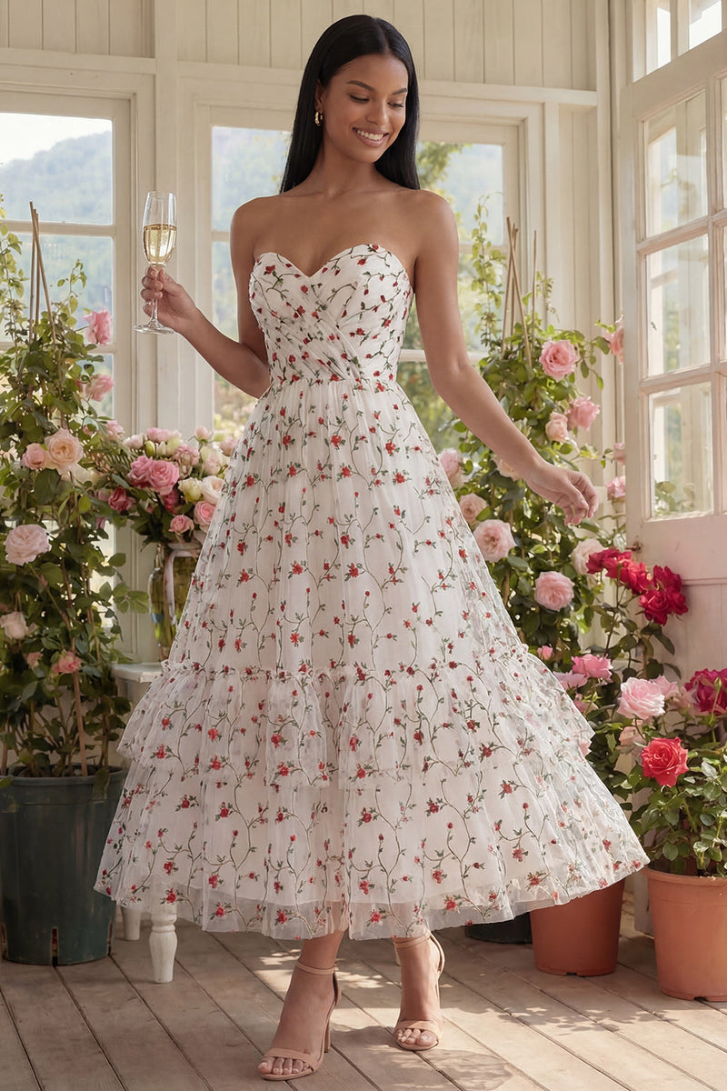 Laden Sie das Bild in den Galerie-Viewer, Herzausschnitt Champagner Tüll Applikiertes Blumen A-Linie Midi Kleid