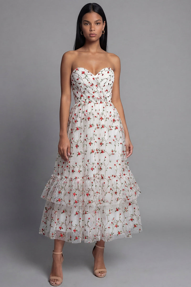 Laden Sie das Bild in den Galerie-Viewer, Herzausschnitt Champagner Tüll Applikiertes Blumen A-Linie Midi Kleid