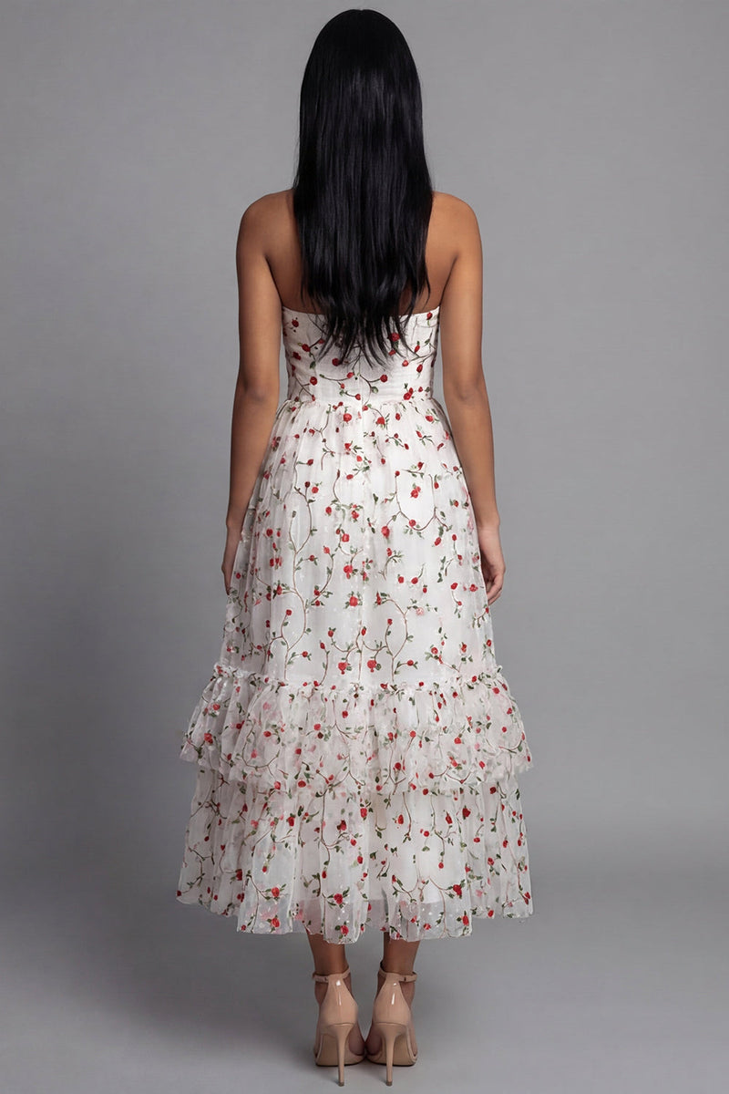Laden Sie das Bild in den Galerie-Viewer, Herzausschnitt Champagner Tüll Applikiertes Blumen A-Linie Midi Kleid