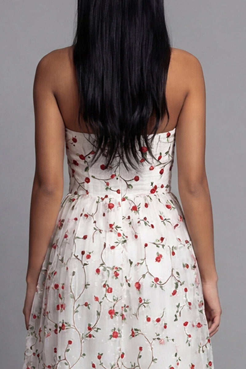 Laden Sie das Bild in den Galerie-Viewer, Herzausschnitt Champagner Tüll Applikiertes Blumen A-Linie Midi Kleid