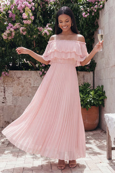 Schulterfreies Rosa Tüll Sheath Plissiertes Maxikleid mit Rüschen