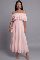 Laden Sie das Bild in den Galerie-Viewer, Schulterfreies Rosa Tüll Sheath Plissiertes Maxikleid mit Rüschen