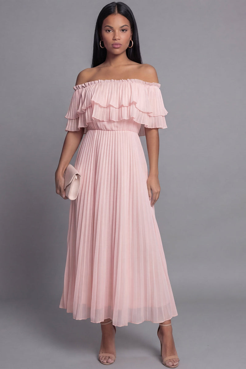 Laden Sie das Bild in den Galerie-Viewer, Schulterfreies Rosa Tüll Sheath Plissiertes Maxikleid mit Rüschen