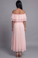 Laden Sie das Bild in den Galerie-Viewer, Schulterfreies Rosa Tüll Sheath Plissiertes Maxikleid mit Rüschen
