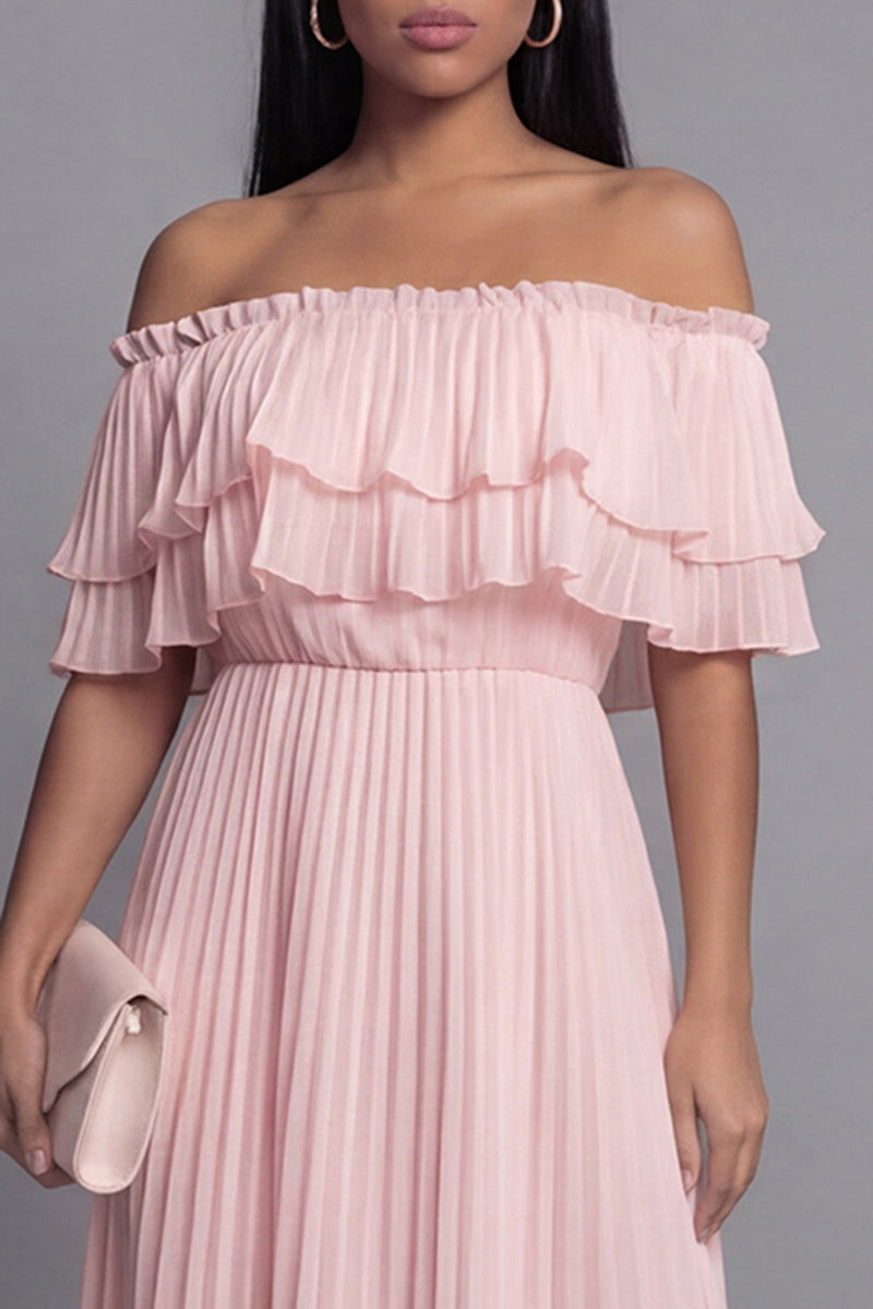 Laden Sie das Bild in den Galerie-Viewer, Schulterfreies Rosa Tüll Sheath Plissiertes Maxikleid mit Rüschen