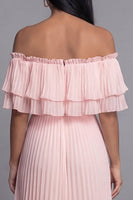 Laden Sie das Bild in den Galerie-Viewer, Schulterfreies Rosa Tüll Sheath Plissiertes Maxikleid mit Rüschen