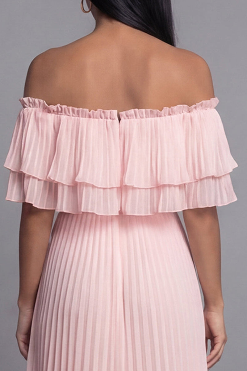 Laden Sie das Bild in den Galerie-Viewer, Schulterfreies Rosa Tüll Sheath Plissiertes Maxikleid mit Rüschen