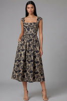 Laden Sie das Bild in den Galerie-Viewer, Schwarzes A-Linie Quadrathals Jacquard Blumen Midi-Kleid
