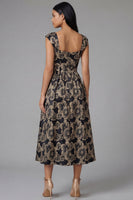 Laden Sie das Bild in den Galerie-Viewer, Schwarzes A-Linie Quadrathals Jacquard Blumen Midi-Kleid