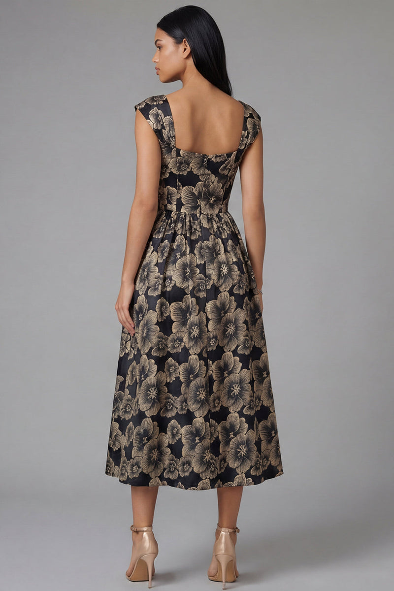 Laden Sie das Bild in den Galerie-Viewer, Schwarzes A-Linie Quadrathals Jacquard Blumen Midi-Kleid