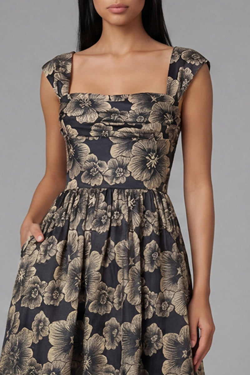 Laden Sie das Bild in den Galerie-Viewer, Schwarzes A-Linie Quadrathals Jacquard Blumen Midi-Kleid