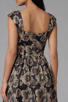 Laden Sie das Bild in den Galerie-Viewer, Schwarzes A-Linie Quadrathals Jacquard Blumen Midi-Kleid