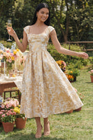 Laden Sie das Bild in den Galerie-Viewer, Schwarzes A-Linie Quadrathals Jacquard Blumen Midi-Kleid