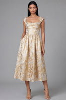 Laden Sie das Bild in den Galerie-Viewer, Schwarzes A-Linie Quadrathals Jacquard Blumen Midi-Kleid