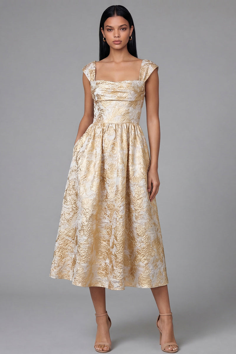 Laden Sie das Bild in den Galerie-Viewer, Schwarzes A-Linie Quadrathals Jacquard Blumen Midi-Kleid