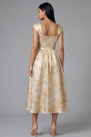 Laden Sie das Bild in den Galerie-Viewer, Schwarzes A-Linie Quadrathals Jacquard Blumen Midi-Kleid