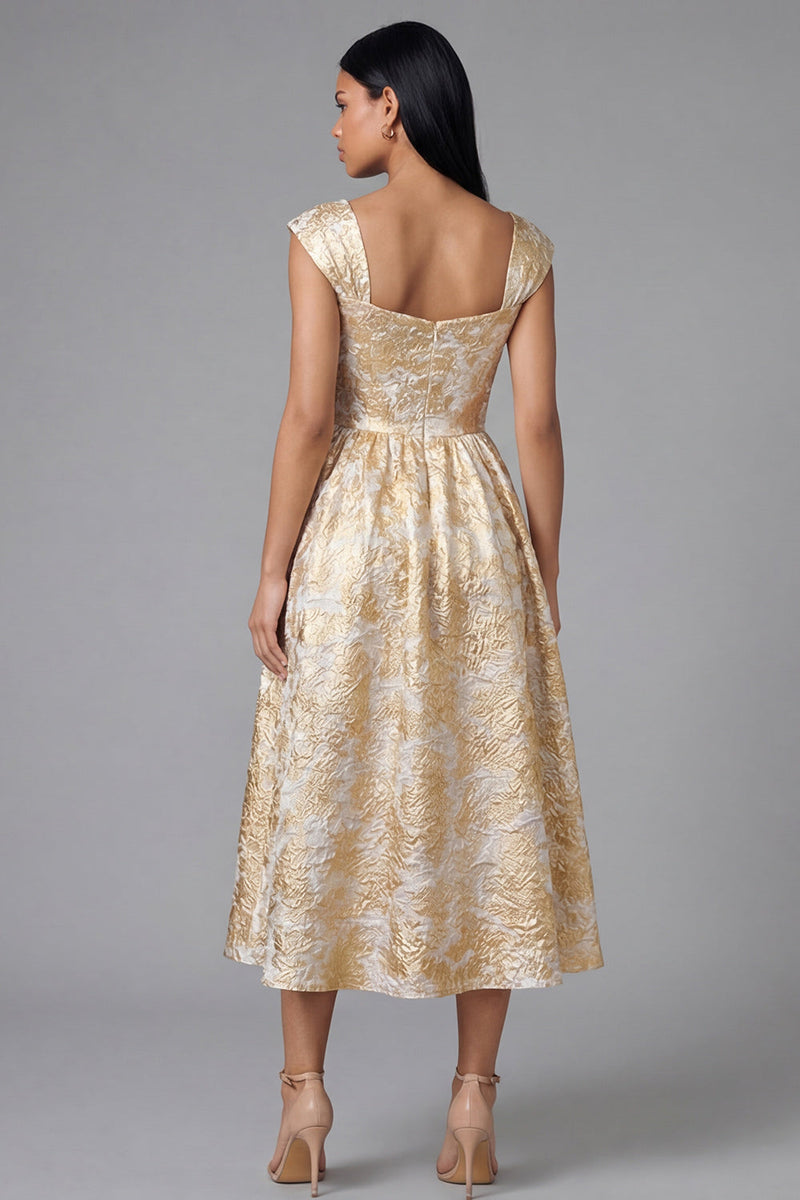 Laden Sie das Bild in den Galerie-Viewer, Schwarzes A-Linie Quadrathals Jacquard Blumen Midi-Kleid